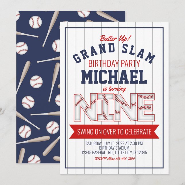 9.º Convite de aniversário para beisebol (Frente/Verso)