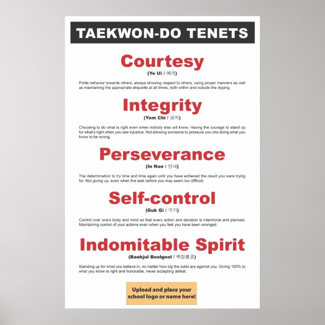 9-3 Poster de Tenets Personalizáveis de Taekwon-do (Frente)