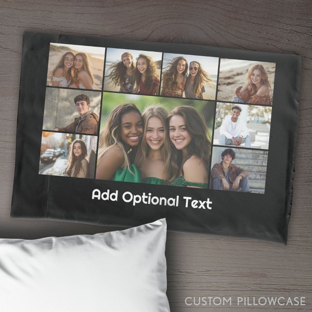 9 Colagem de Fotos Texto Opcional — Branco Preto (Create Your Own Photo Collage Pillowcase)
