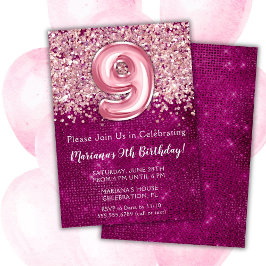 9.o Aniversário Convite Girly Magenta Rosa Glitter
