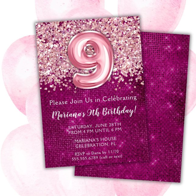 9.o Aniversário Convite Girly Magenta Rosa Glitter (Criador carregado)