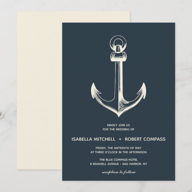 A âncora azul | Convite Para Casamento (Frente/Verso)