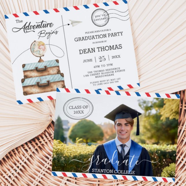 A Aventura de Bagagem de Cartão Postal Começa Fest (the-adventure-begins-postcard-suitcases-globe-graduation-party-photograph-invitation-card-printed)