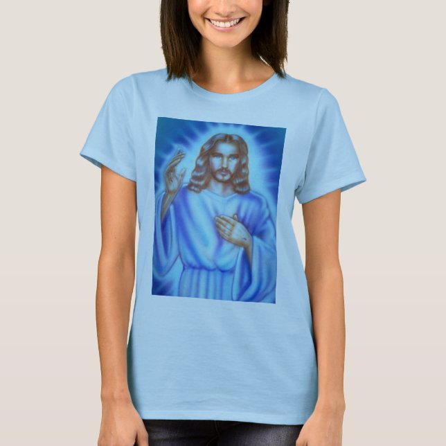 A camisa da senhora azul com imagem de Jesus (Frente)
