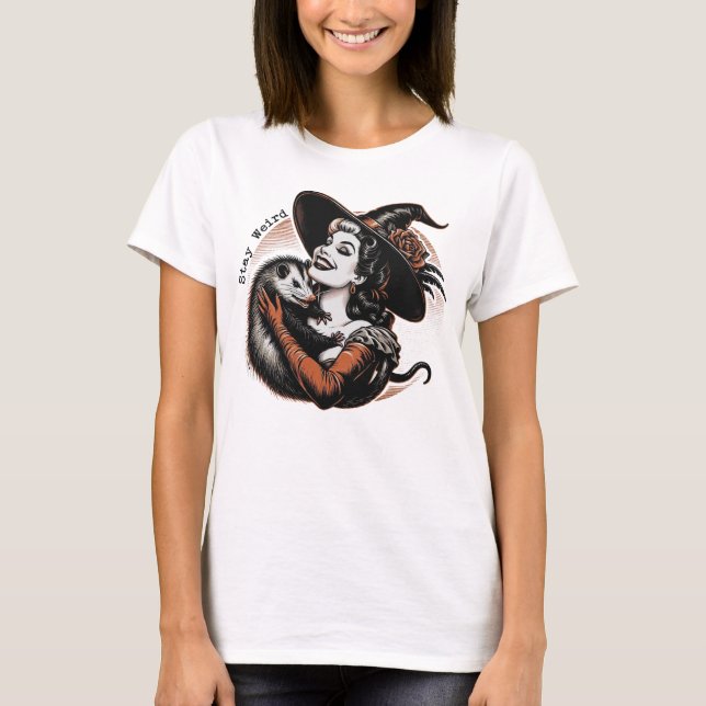 A camisa de Halloween da bruxa engraçada com gambá (Frente)