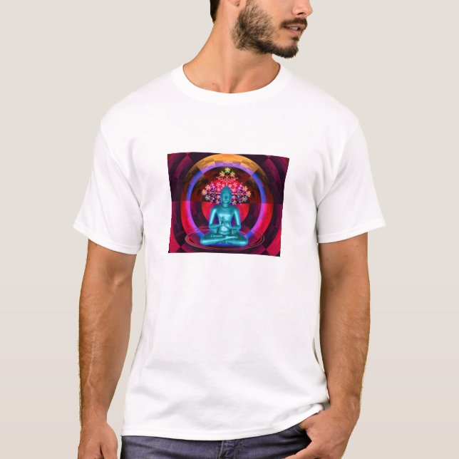 A camisa dos homens azuis Meditating de Buddha (Frente)