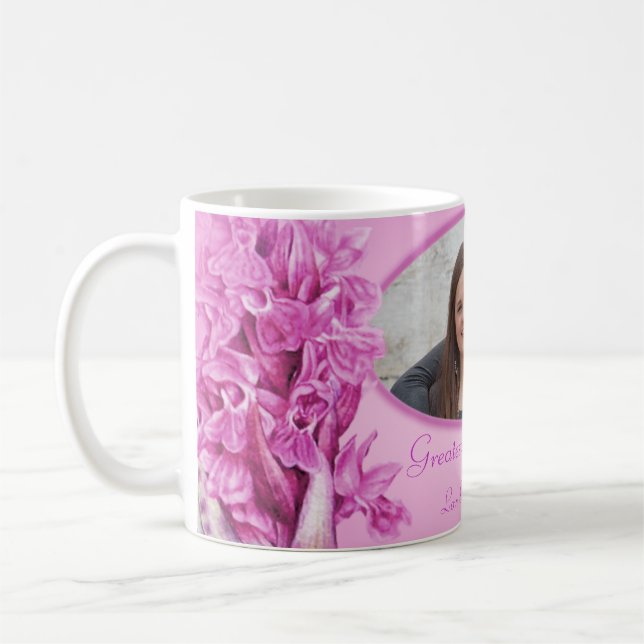 A caneca da "própria foto" da orquídea rosa da Gra (Esquerda)