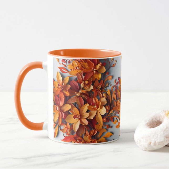 A Caneca de Café de Duas Cores Floral Laranja (Com Donut)