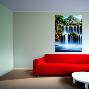 A cidade perto da cascata AI Art Poster