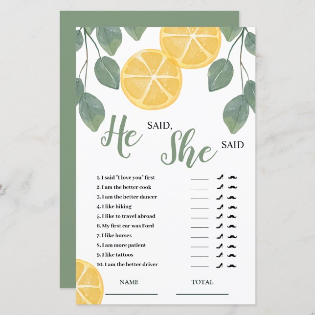 A fatia de Lemon disse que ela disse o Jogo Bridal (Frente/Verso)