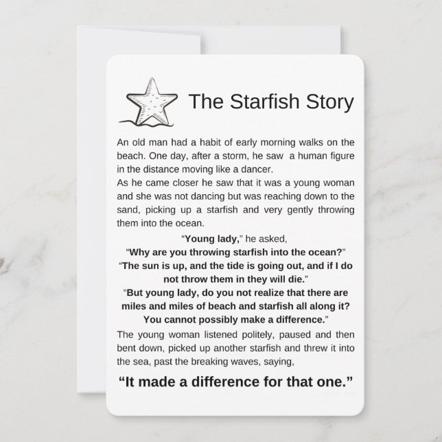 A história do Starfish. Poema de Starfish. (Frente)