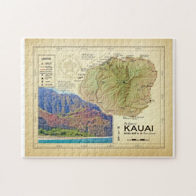 A ilha do mapa do quebra-cabeça de Kauai [vintage (Horizontal)