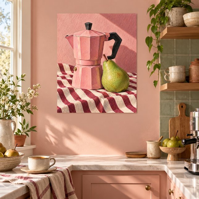 A Impressão Artística do Bule de Café Pink Espress (Unframed paper art print. All texture effects are printed. Room styling props are not included.)