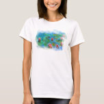 ** A Lily Monet Pads Pond Cherub Angel T-Shirt<br><div class="desc">Monet Clássico de Dor CURTA das MULHERES brancas e lagoa de lírio d'água. Os Monet Lily / Lotus são cor-de-rosa-turquesa. Se você olhar de perto, há uma moldura acima com anjos de cherub. Elegante feminina romântica Ephemera Floral Pintura Artística Única Criativa Moderna e Romântica design. (PESQUISAR AR23 para designs semelhantes)...</div>