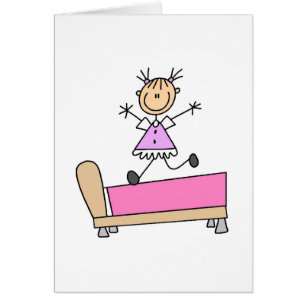 A menina que salta no cartão da cama