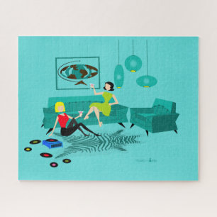 A noite retro da menina no quebra-cabeça