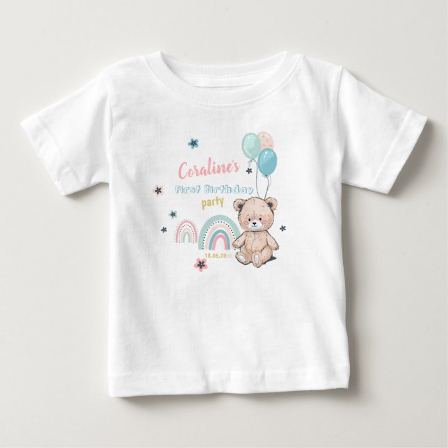 A T-Shirt primeiro aniversario com um urso de pelú (Frente)