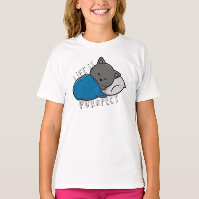 A vida é perfeita - Dormir T-Shirt Gato (Frente)