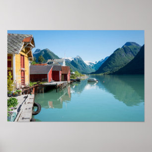 A vila de Fjærland, fiorde no poster de Noruega