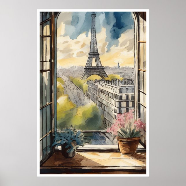 A vista de Paris, Torre Eiffel e Poster do Louvre (Frente)