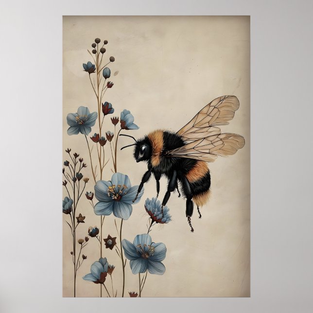 Abeia Boho em Impressão de Flor Azul, Parede Cotta (Frente)