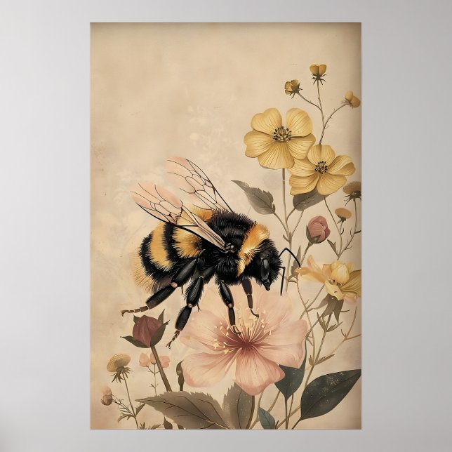 Abelha Boho em Impressão de Flor Amarela, Parede B (Frente)