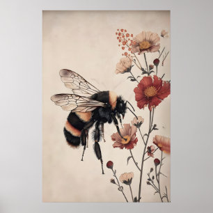 Abelha Boho em Impressão de Flor Vermelha, Botânic