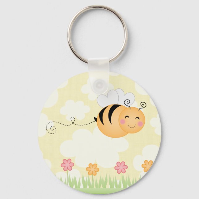 Abelhas de cartoon e flores de colmeia, chaveiro (Frente)