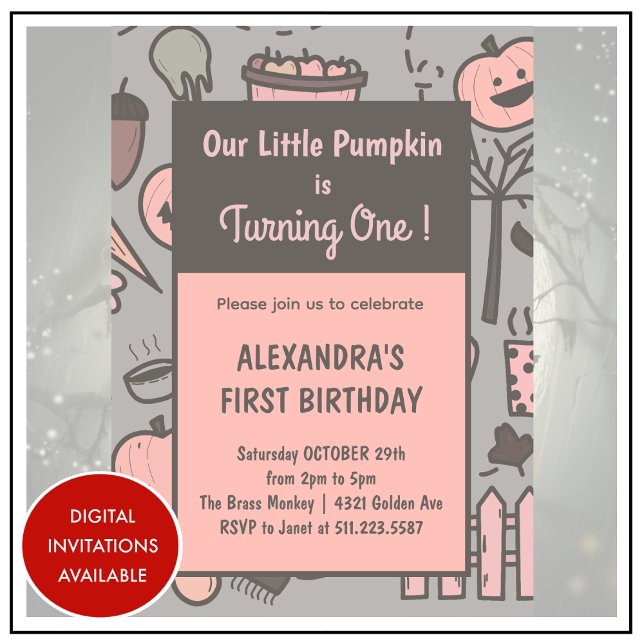 Abóbora de queda de convites de primeiro aniversar (halloween-1st-birthday-invitations-pink-fall-1)