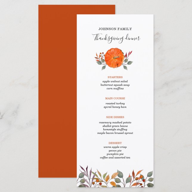 Abóbora e folhagem de outono Menu janto de Ação de (Frente/Verso)
