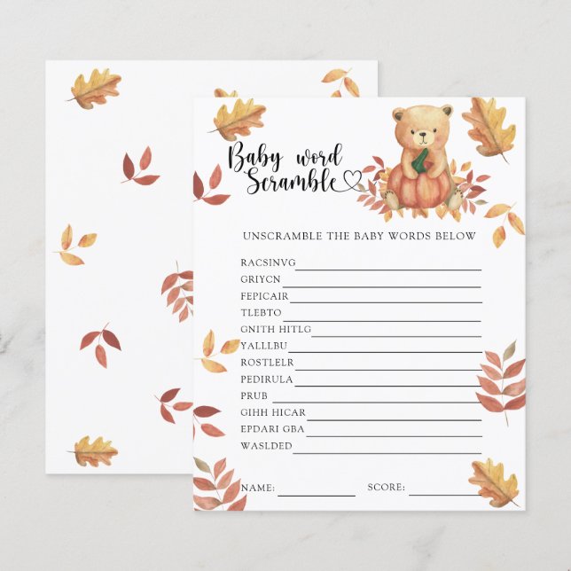 Abóbora e ursinho - Jogo do Bebê Word Scramble (Frente/Verso)