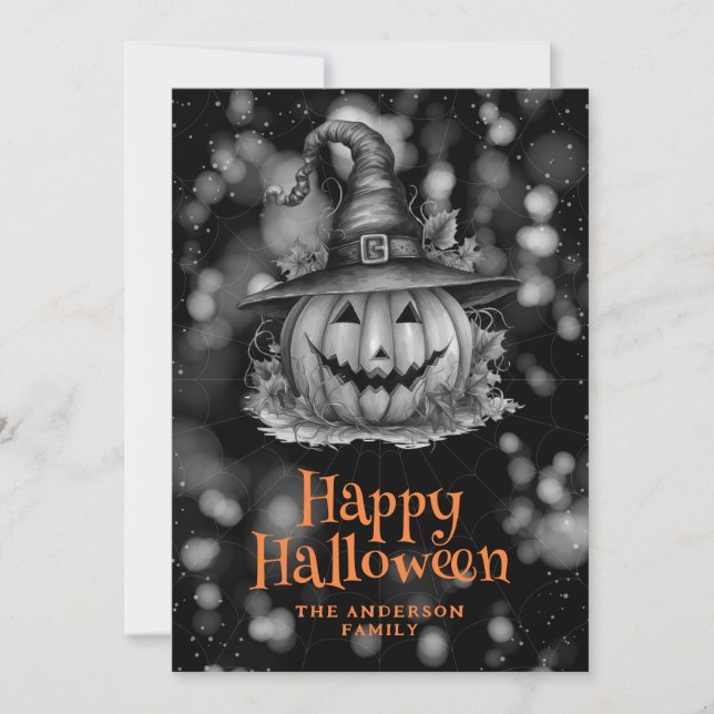 Abóbora num Cartão de Halloween de Chapéu Louco (Frente)