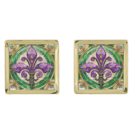 Abotoaduras Com Acabamento Dourado Mardi Gras StainGlass Fleur de lis