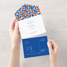 abstract botanical blue orange wedding RSVP All-in