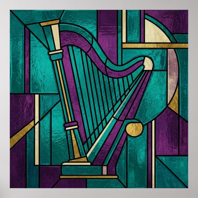 Abstract Stained Glass Harp Poster Teal and Purple (Frente)