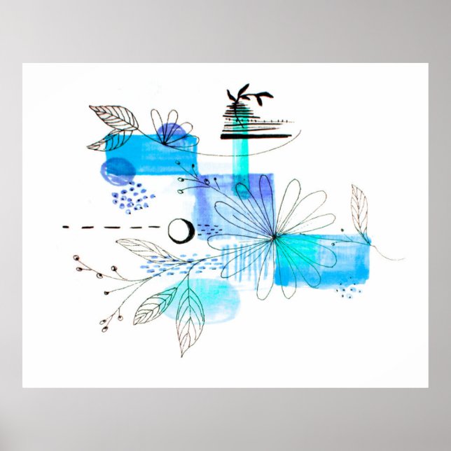 Abstrato Art Black Floral Blue e Poster Cinza (Frente)