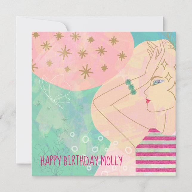 Abstrato Art Line DraFace Teal Feliz Aniversário (Frente)