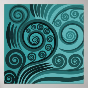 Abstrato Blue Fern Frond Curls Poster
