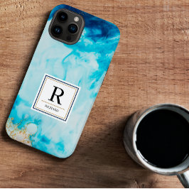 Abstrato Blue Watercolor Dourado Brilhante Monogra