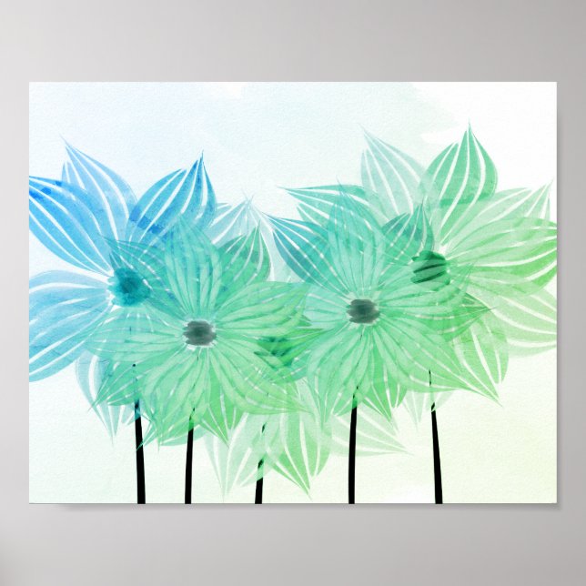 Abstrato de Aquarela Flores Verde Poster Azul (Frente)