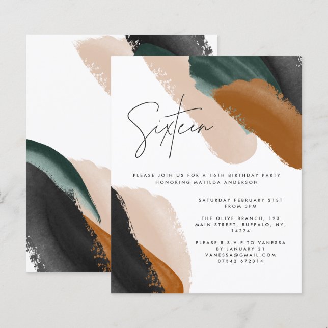 Abstrato de aquarela verde terracotta 16º Aniversá (Frente/Verso)