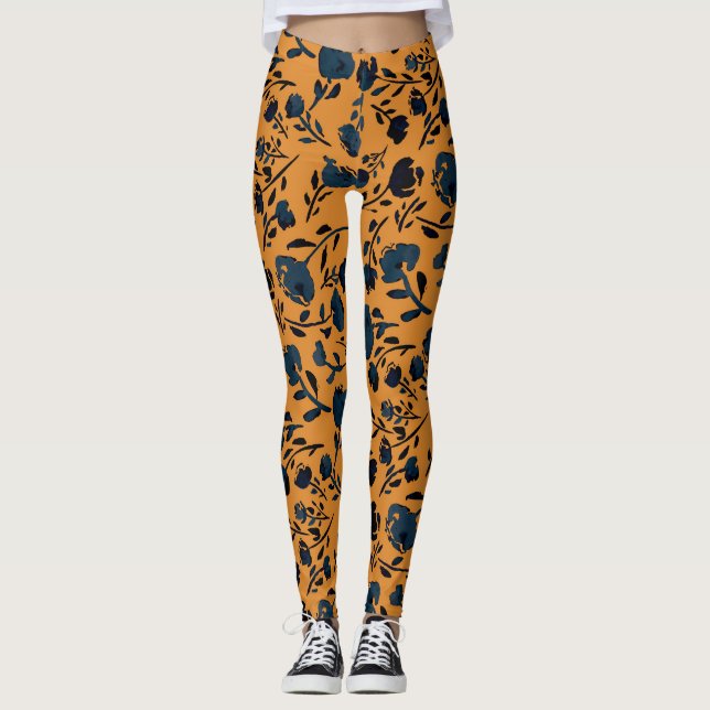 Abstrato Floral de Mostarda e Leggings Chic Azuis (Frente)