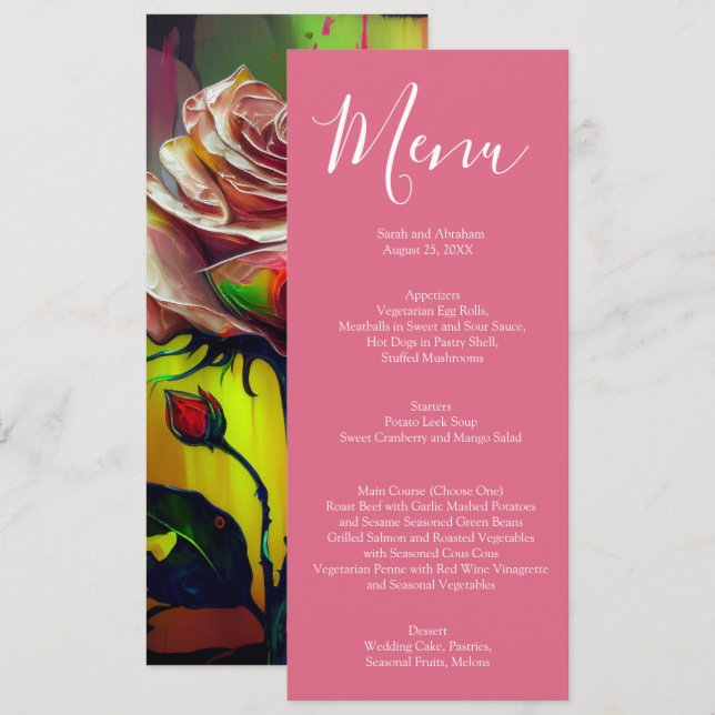 Abstrato Modern Pink Roses Menu Casamento (Frente/Verso)