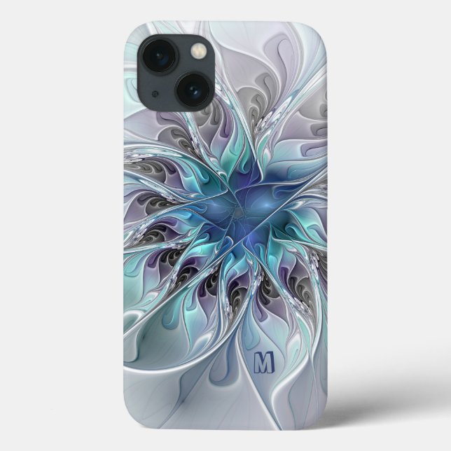 Abstrato Moderno Flor Fractal Com Monograma Azul (Verso)