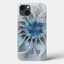 Abstrato Moderno Flor Fractal Com Monograma Azul