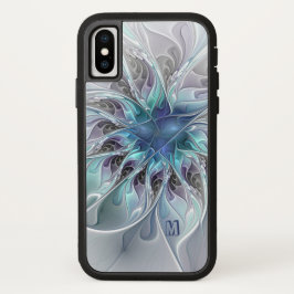 Abstrato Moderno Flor Fractal Com Monograma Azul