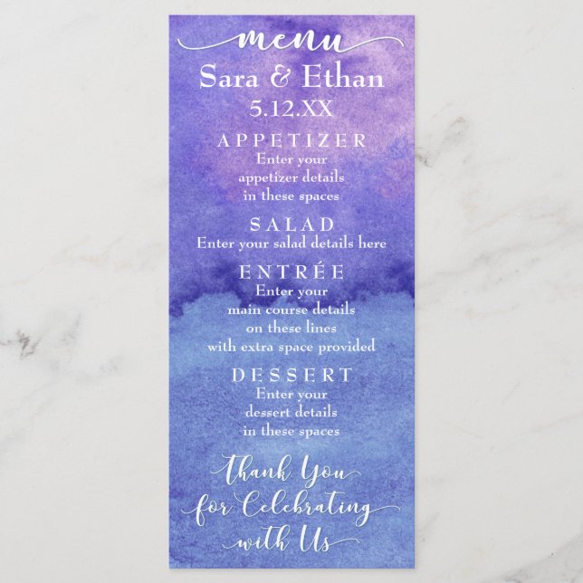 Abstrato Purple Watercolor Menu Card (Frente)