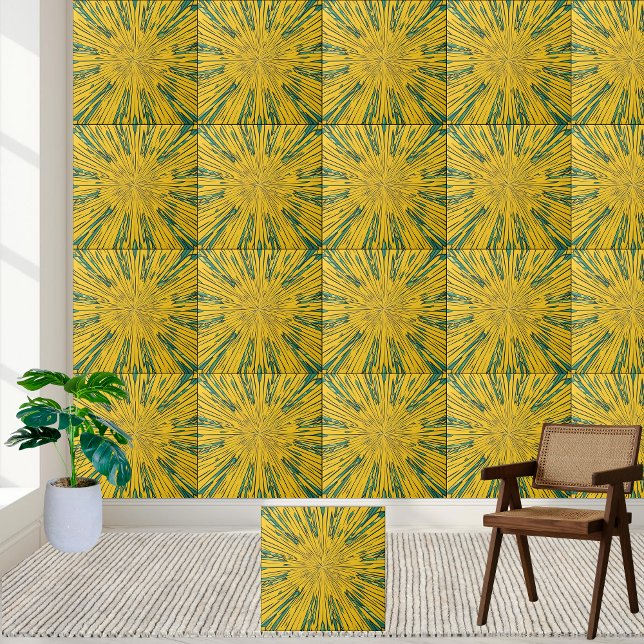 Abstrato Sunburst Azulejo Amarelo e Verde Cerâmica (Abstract Sunburst Yellow and Green Ceramic Tile)