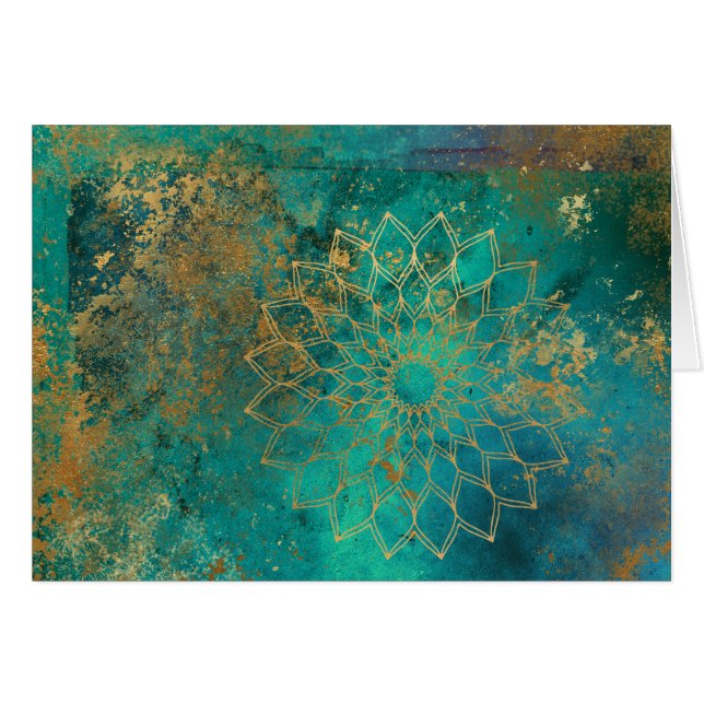 Abstrato Teal Dourado Grunge Mandala - Cartão de S (Frente Horizontal)