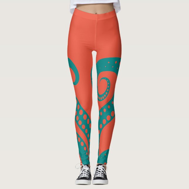 Abstrato Teal Octopus Tentáculos Leggings (Frente)